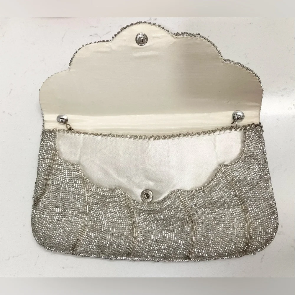 Vintage Delill Beaded Scallop Flap Clutch | Silver Evening Bag